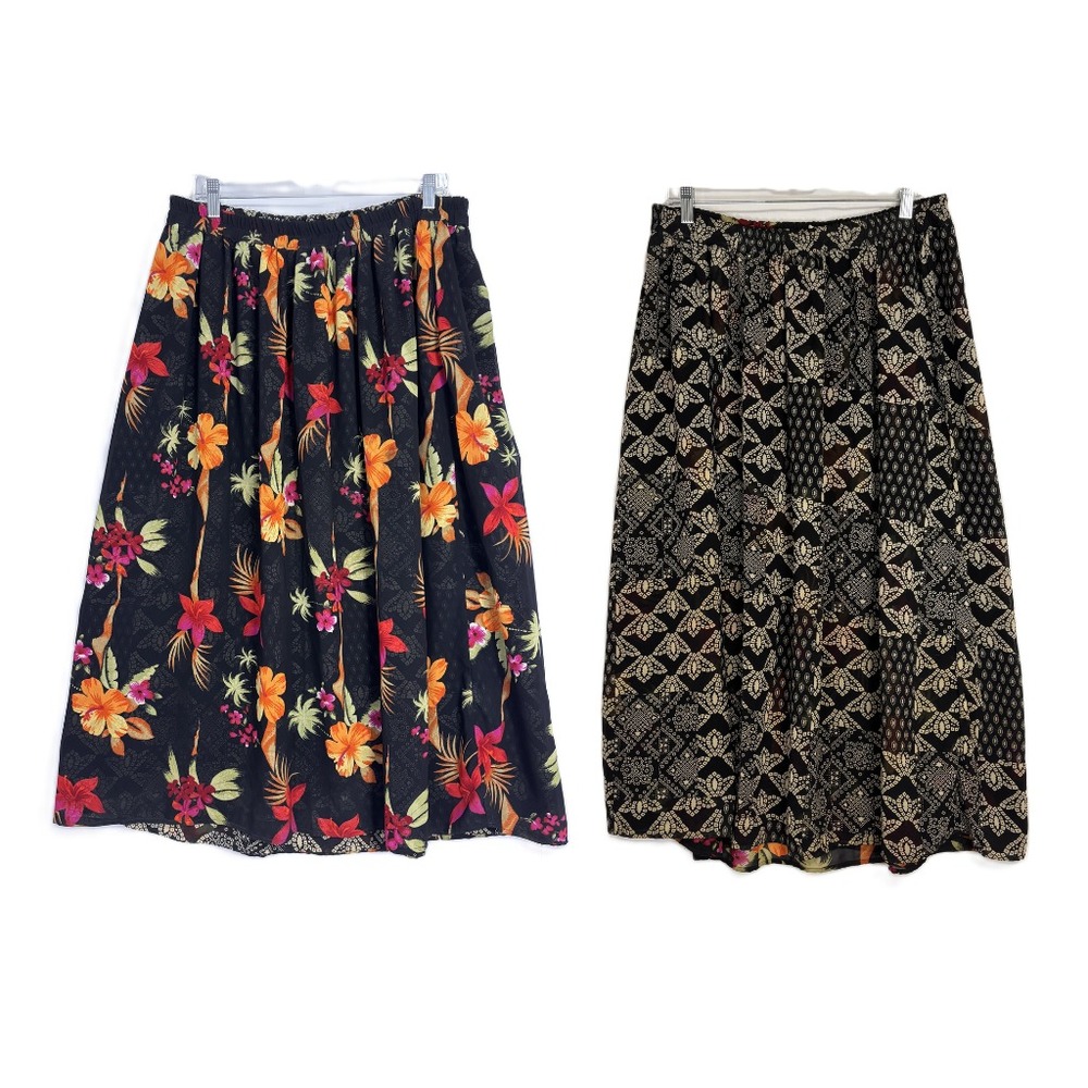 Vtg Reversible Skirt Sz 16W Tropicalโ Chiffon Black Multi Midi Pull On Boho Chic